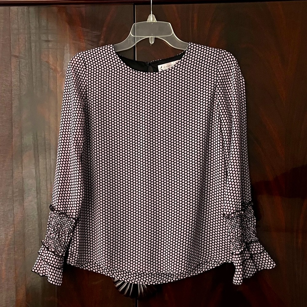Nanette Lepore Black and White Polka Dot Blouse with Ruffle Sleeves